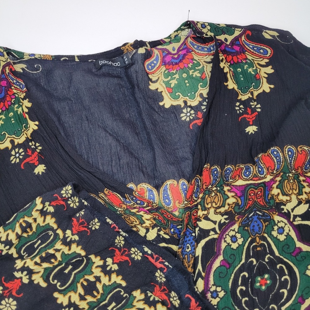 Boohoo, Black Floral/Geo Kimono Cardigan With Fringe Size 18
